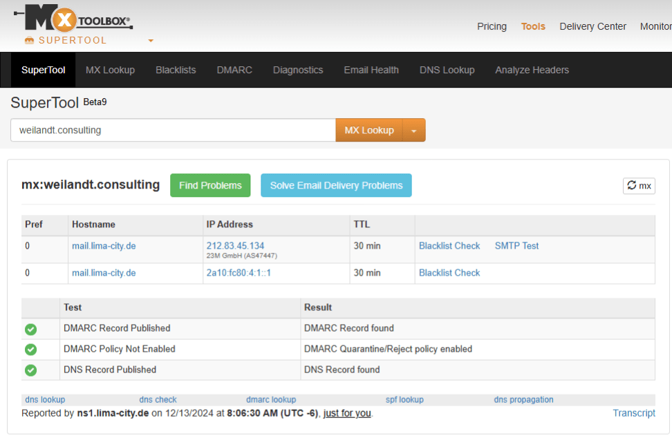 MX ToolBox Ergebnis