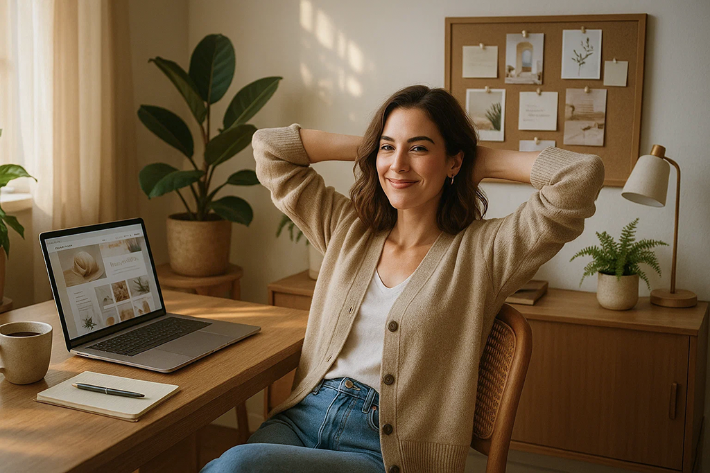ntspannte Frau arbeitet an einem Laptop im Homeoffice an ihrer Website – moderne, ästhetische Szene mit Vision Board und warmem Licht.