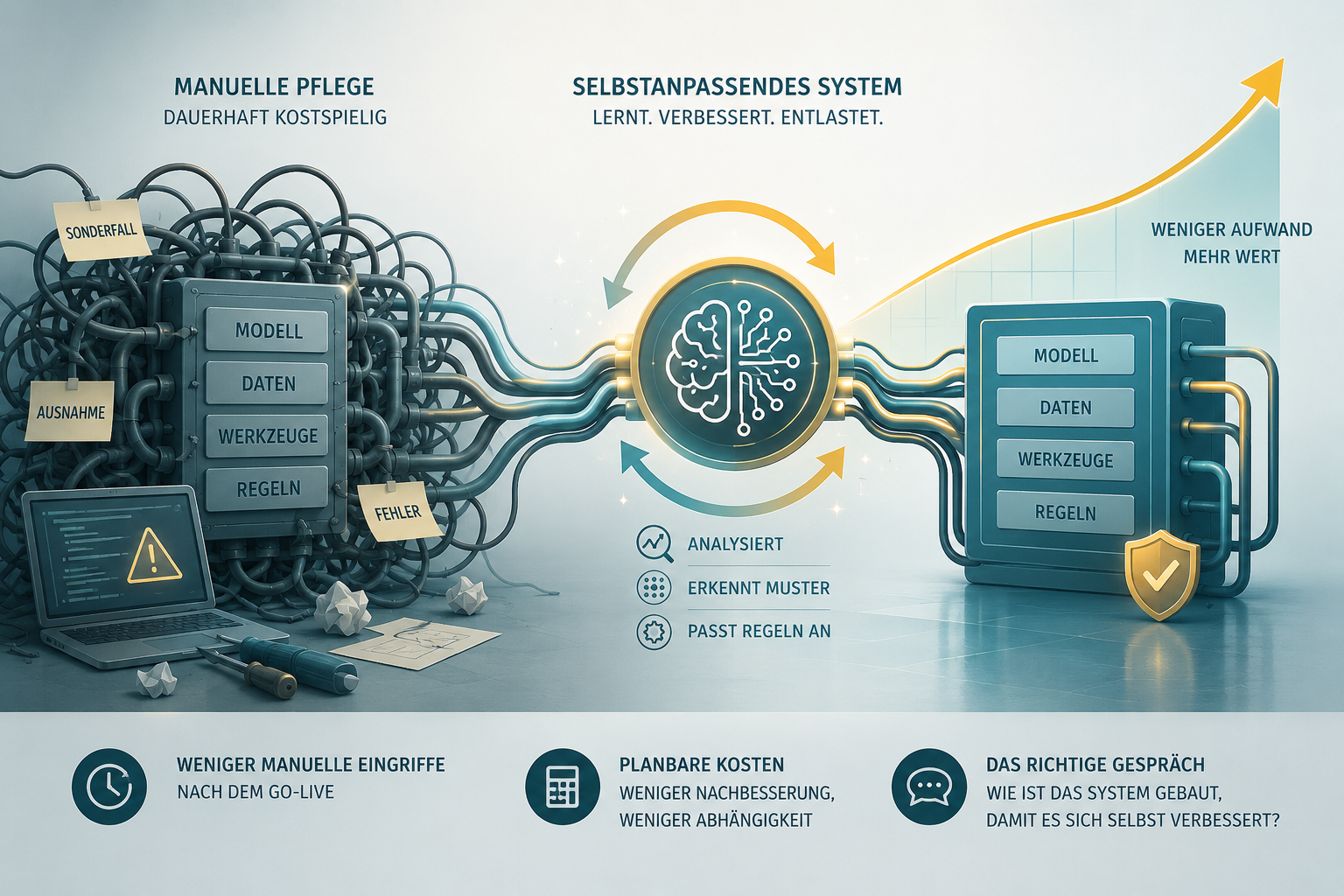 Konzeptillustration eines selbstanpassenden KI-Systems: Links ein komplexes, wartungsintensives System mit vielen Ausnahmen und manuellen Eingriffen, rechts eine strukturierte Architektur, die Fehler analysiert und ihre Regeln selbst verbessert.