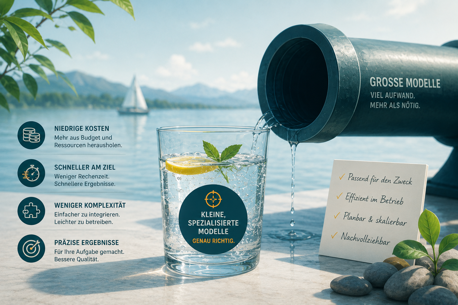 Ein konzeptionelles Bild zeigt ein kleines Glas mit klarem Wasser als Symbol für ein spezialisiertes KI-Modell, während ein überdimensioniertes Rohr für große KI-Modelle unnötig Wasser verschwendet. Die Szene verdeutlicht, dass passgenaue Lösungen oft effizienter sind als maximale Größe.