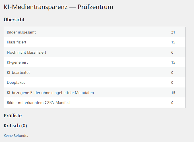 Prüfzentrum mit Kennzahlen zu klassifizierten, unklassifizierten und KI-generierten Bildern sowie einer priorisierten Prüfliste nach Kritisch, Warnung und Hinweis