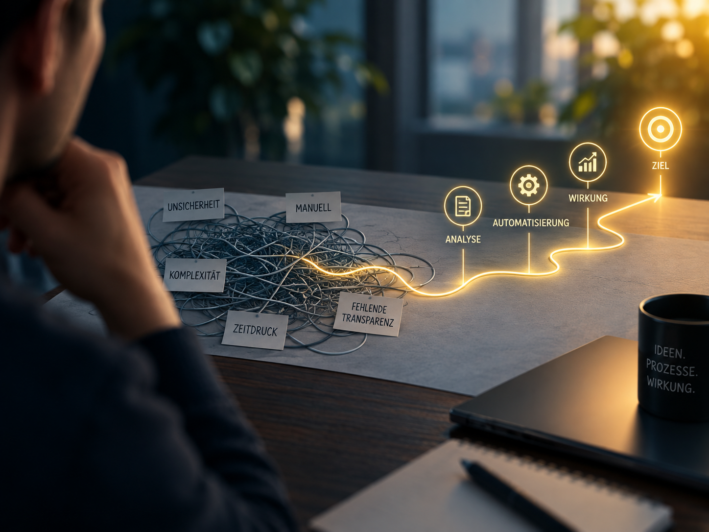Auf einem Schreibtisch führt eine leuchtende gelbe Linie aus einem Knäuel aus Unsicherheit, Komplexität, Zeitdruck und fehlender Transparenz über Analyse und Automatisierung bis zu Wirkung und Ziel.