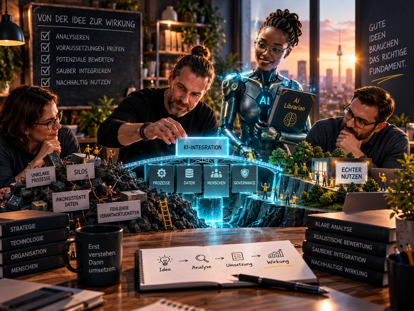 Jörg Weilandt arbeitet mit einem Team und einer futuristischen AI Librarian an einer Brücke zwischen technisch möglicher KI und den organisatorischen Voraussetzungen für eine tragfähige Umsetzung.