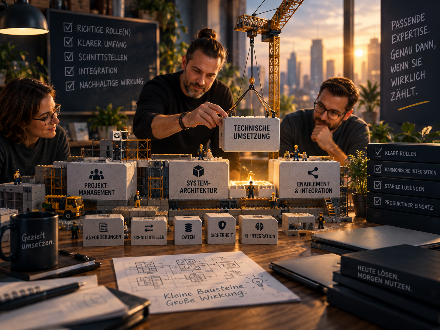 Jörg Weilandt arbeitet mit einem Team an einem modularen Projektmodell, in dem Projektmanagement, Systemarchitektur, technische Umsetzung sowie Enablement und Integration als klar abgegrenzte Bausteine dargestellt sind.