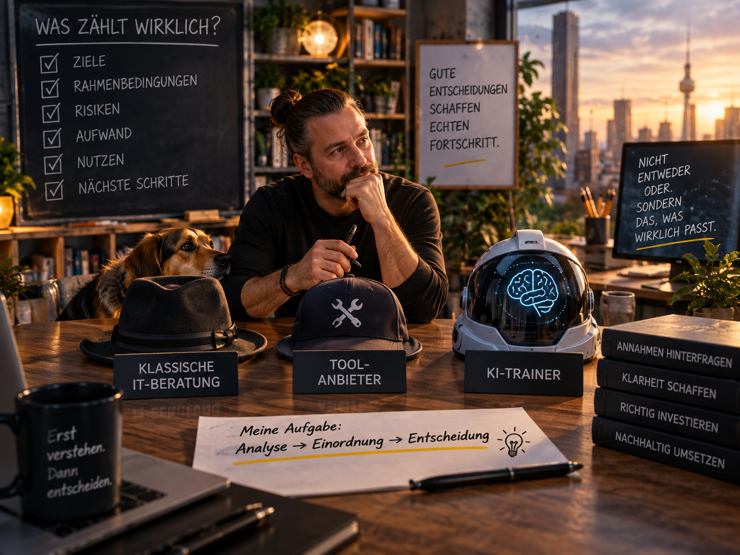 Jörg Weilandt sitzt an einem Schreibtisch zwischen symbolischen Angeboten klassischer IT-Beratung, Tool-Anbietern und KI-Training und prüft Ziele, Risiken, Nutzen und Rahmenbedingungen.